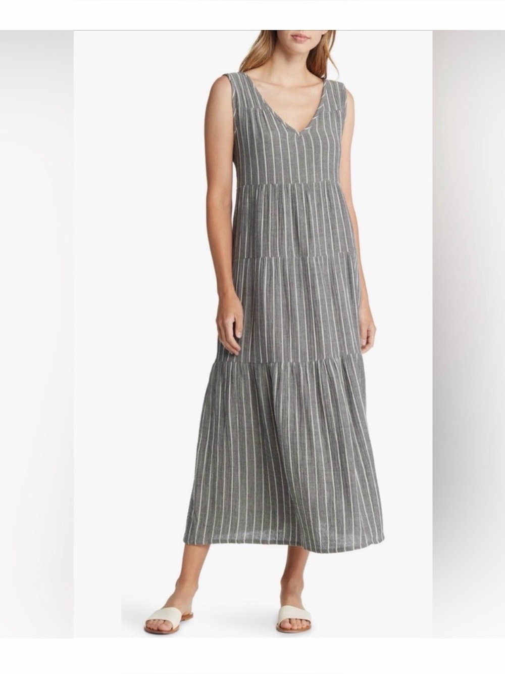Marine Layer Corinne Cotton Tiered Sleeveless Maxi Dress Gray White Stripe XL